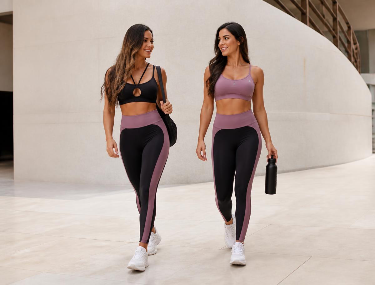 Duas mulheres usando leggings AcheiOff em cores diferentes